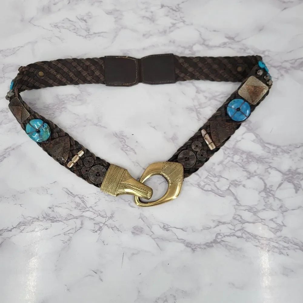 Boho Belt with Faux Turquoise Stones Shells Metal and Beading Women's Hip Belt